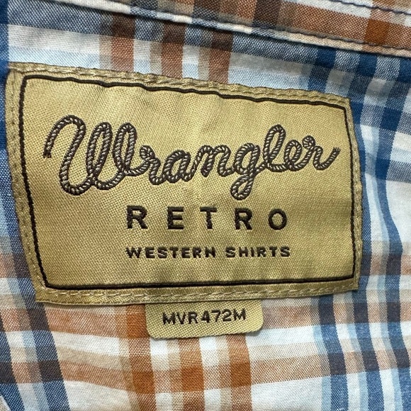 Wrangler Retro Blue Vrown Plaid Long-sleeve Shirt with Pearl Snaps Size XL/TG - Picture 3 of 4